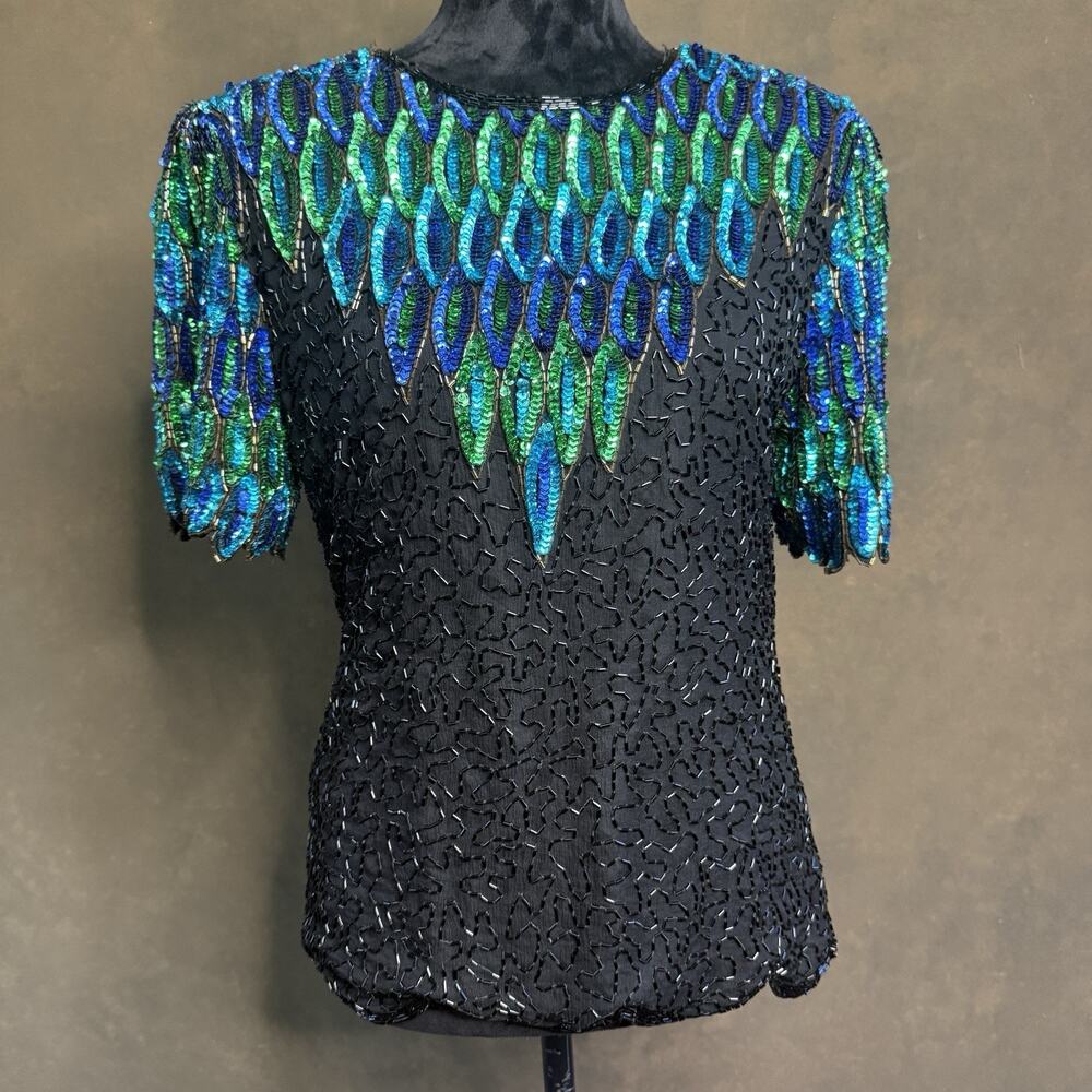 80s Women Stenay Sequin Blouse Top Black Blue Green Beaded Party Glam Occasion
